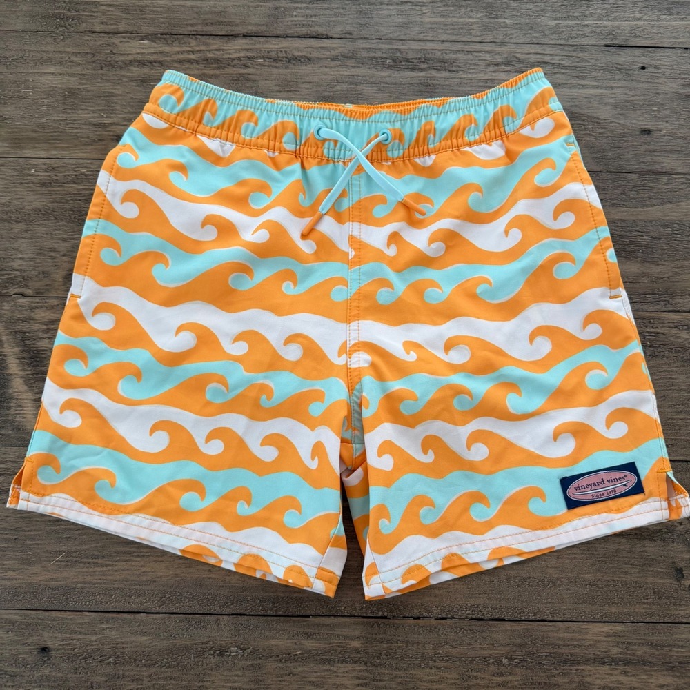 Vineyard Vines Mens Orange Blue Wave Chappy Swim Trunks 3M001197 Small 6" Inseam